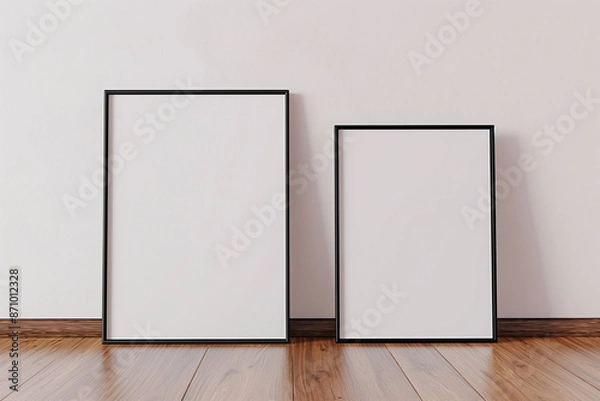 Obraz A mockup template featuring two square frames with thin black frame borders standing next to a white wall on a polished wooden floor