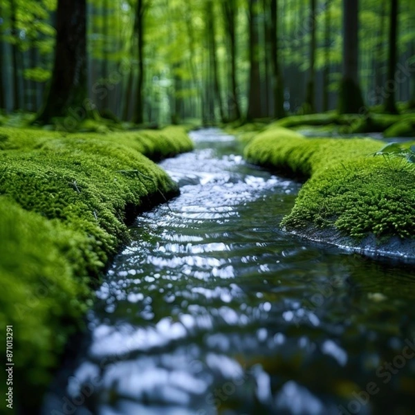 Obraz A tranquil stream meanders through a lush, moss-covered forest floor, sunlight dappling the water's surface.