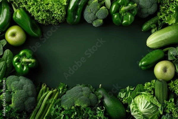 Fototapeta A vibrant assortment of green vegetables arranged in a frame on a dark background, showcasing fresh and healthy produce.