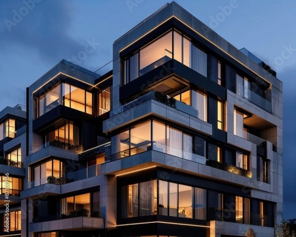 Fototapeta Modern apartment building at dusk with bright lights creating a warm and welcoming atmosphere, showcasing stylish urban living.