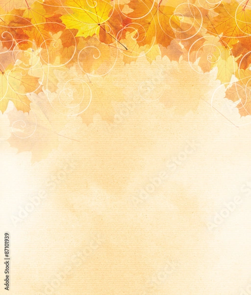 Obraz Autumn leaf illustration with room for copy space. Lined textured background with whimsical swirls.