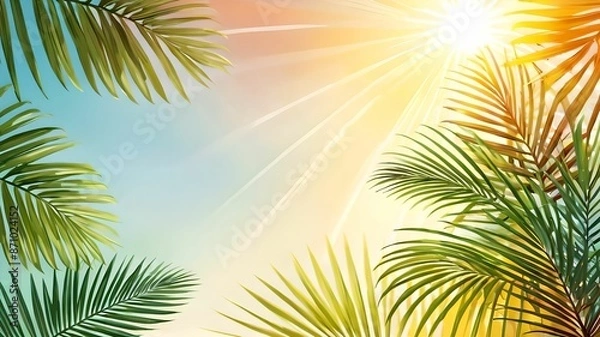 Fototapeta Palm leaves on a gentle background, a lot of empty space, space for text. View from above