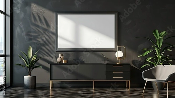 Fototapeta Interior of modern living room with gray walls, tiled floor, black cupboard with horizontal mock up poster frame and armchair
