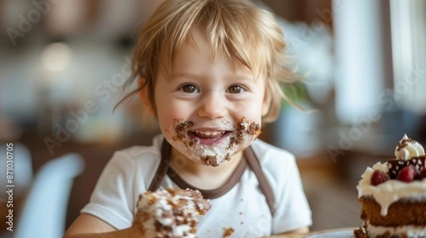 Fototapeta Happy Toddler with Cake Mess on Face. Adorable toddler with cake and frosting smeared on face, smiling joyfully at the camera in a cozy kitchen.