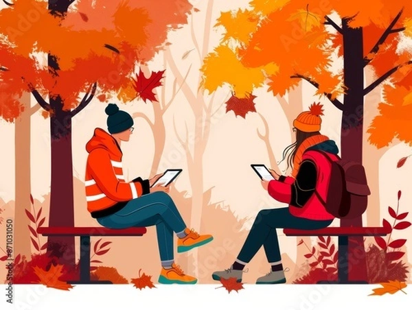 Fototapeta Virtual Learning in Autumn Forest - Flat Design Illustration of Educational Session Outdoors