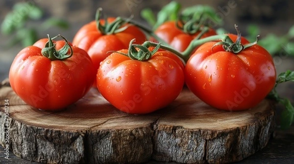 Fototapeta Freshly picked, vibrant beefsteak tomatoes rest on a rustic wooden slab, glistening with dewy freshness.