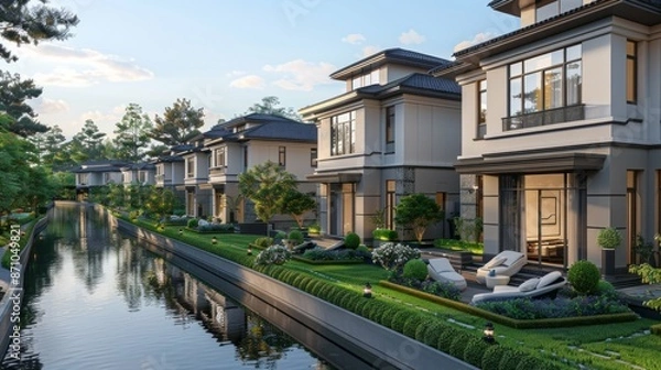 Obraz A Tranquil Evening in a Modern Canal-Side Villa Community. Generative AI