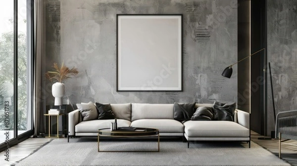 Fototapeta interior of a modern living room with blank canvas, empty canvas with copy space, wall art, minimalistic interior