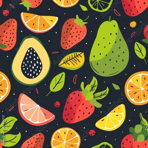 Fototapeta Fruit patterns, seamless fruit designs, flat design illustration