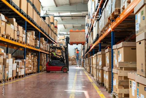 Fototapeta Manager wearing hard hat with digital tablet counts merchandise in warehouse. He walks through rows of storage racks with merchandise.