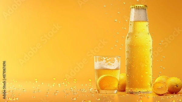 Fototapeta Refreshing cold lemonade bottle with condensation drops on vibrant orange background