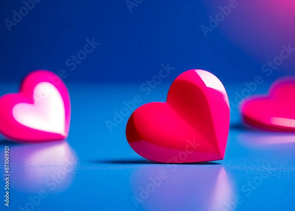 Obraz Bokeh pink hearts on blue background. Generative AI