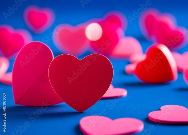 Obraz Bokeh pink hearts on blue background. Generative AI
