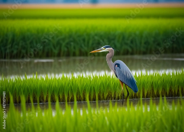 Obraz Heron birds feeding in rice fields. Generative AI