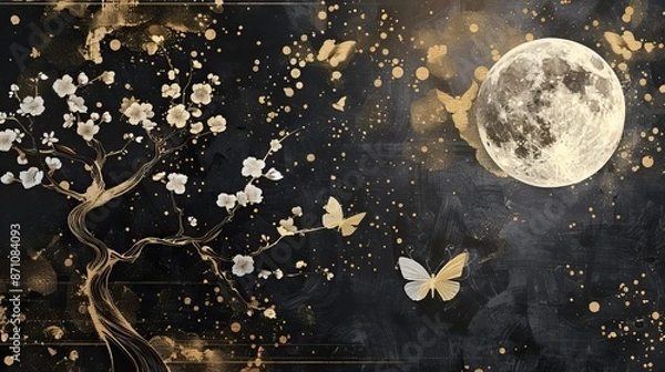 Fototapeta Ancient gold Plum Tree Blossoms Under the Full Moon. Moon and Night with butterfly mural background and wallpaper. High quality AI generated image