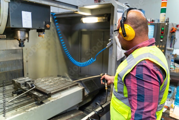Obraz Male apprentice engineer working with CNC machine in factory