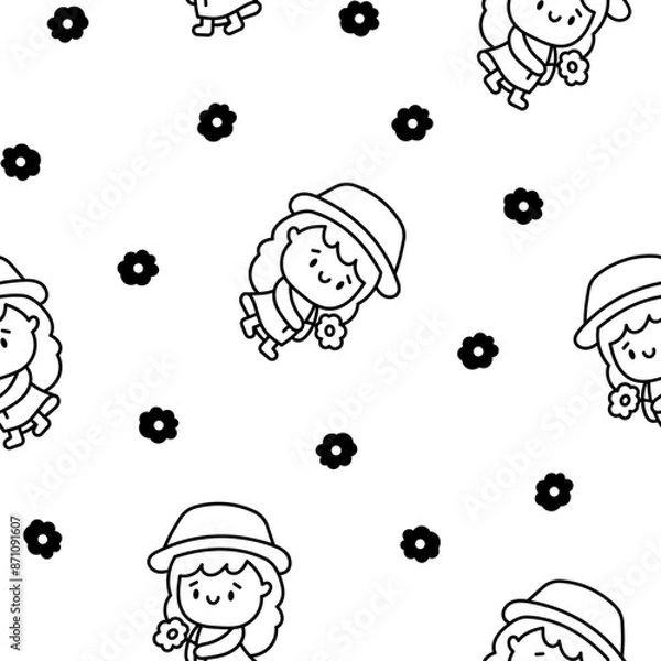 Fototapeta Cute kawaii little girl. Seamless pattern. Coloring Page. Happy kid cartoon character. Hand drawn style. Vector drawing. Design ornaments.