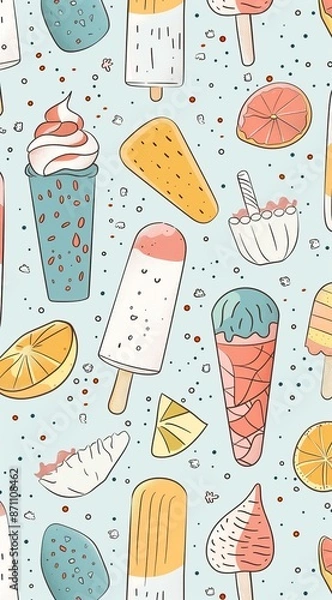 Fototapeta Ice cream pattern. Summer street food, snacks. Cone waffle with filling, ice cream balls in cup, ice cream in cone. Flat cartoon style background. High quality AI generated image