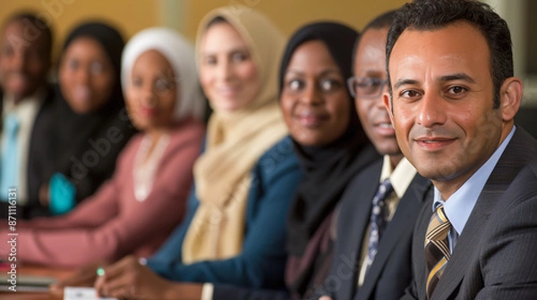 Fototapeta A diverse group of business people are smiling at the camera in a conference room. including an African American man and woman  with hijabs, sitting at a table together for a training class