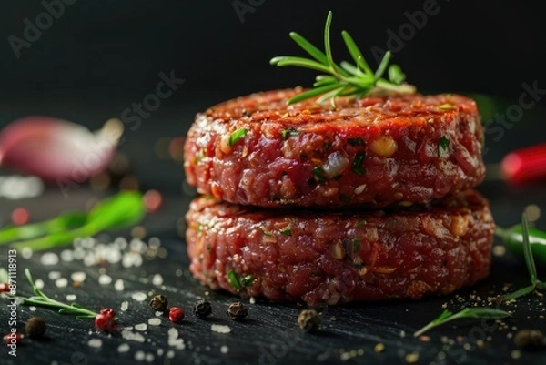 Fototapeta Burger Raw. Close-up of Homemade Beef Steak Burger with Spices on Black Background
