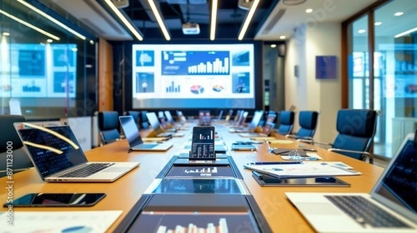 Obraz High-tech boardroom with a long conference table, multiple laptops, smartphones, and documents spread out, with a large screen showing a business strategy plan.