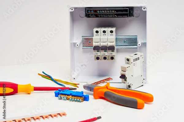 Fototapeta Fusebox with four automatic fuses during installation. Electricity distribution box. Electrical cabinet with tools.