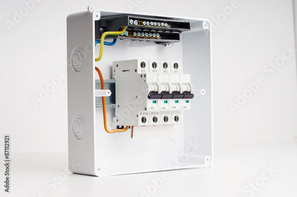 Fototapeta Electrical cabinet with four automatic fuses with wires. Ready for installing. Electricity distribution box. Fusebox. 