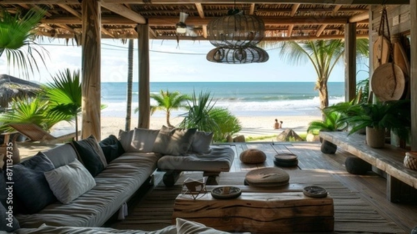 Obraz Comfortable Beachfront Patio With Ocean Views and Palm Trees
