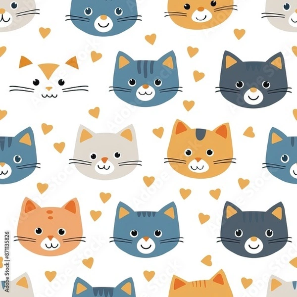 Fototapeta Cats seamless pattern. Colorful cartoon style cat head smile face. High quality AI generated image