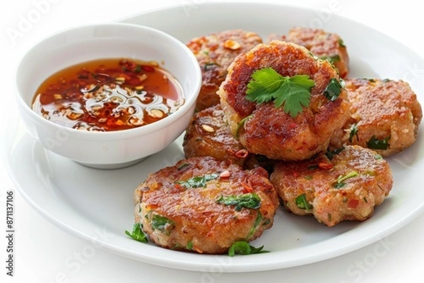 Obraz Closeup of Thai Fish Cake with sweet chili sauce on white plate known as Tod Mun Pla for display in restaurants or markets