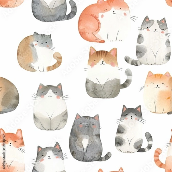 Fototapeta Seamless Pattern with Hand Drawn Cartoon Cat Illustration Design on White Background. Cute kitten pattern. High quality AI generated image