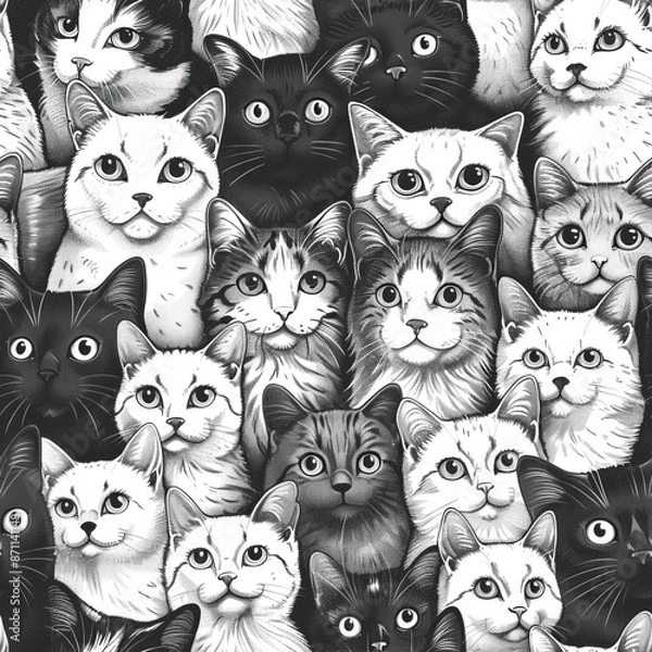 Fototapeta Seamless pattern of black or colorful cats doodle background, Cartoon style doodle kitten illustration. High quality AI generated image
