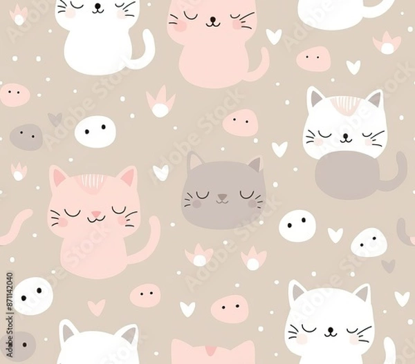 Fototapeta Cute seamless pattern with pretty kittens. Great for baby fabric, textile, wallpaper. Cats. Cat cartoon style. Pastel Colors. High quality AI generated image