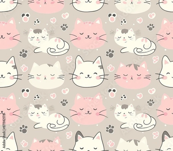 Fototapeta Cute seamless pattern with pretty kittens. Great for baby fabric, textile, wallpaper. Cats. Cat cartoon style. Pastel Colors. High quality AI generated image