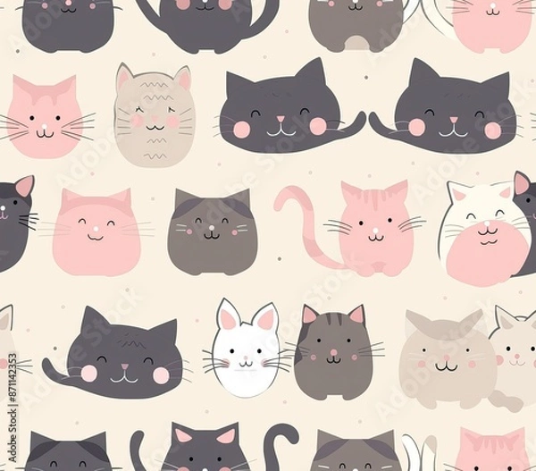 Fototapeta Cute seamless pattern with pretty kittens. Great for baby fabric, textile, wallpaper. Cats. Cat cartoon style. Pastel Colors. High quality AI generated image