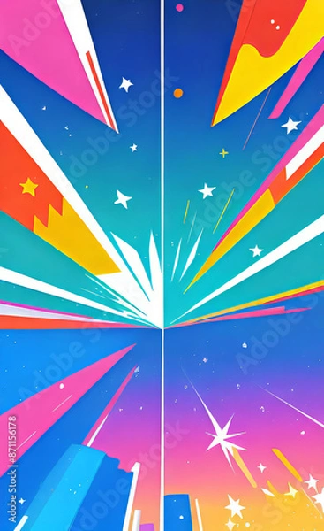 Fototapeta 2d flat sticker with shooting stars, bright and neon colors.