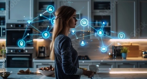 Fototapeta Woman in smart kitchen using virtual connectivity with digital holograms