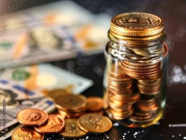 Fototapeta A jar filled with coins surrounded by scattered dollar bills on a table, symbolizing savings, investment, and financial planning.
