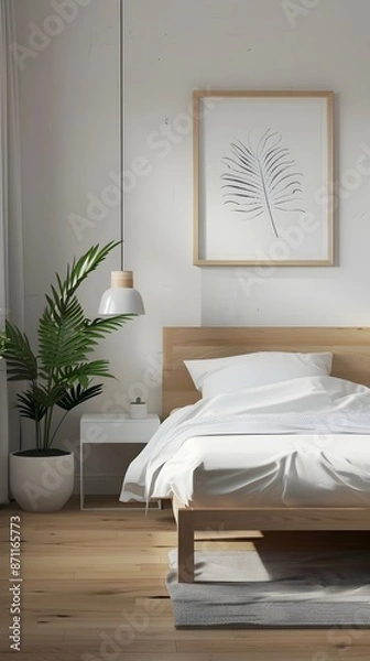 Fototapeta Minimalist Bedroom with Sleek Bed and Nightstand - Soothing 3D Rendering of Clean,Modern Interior Design