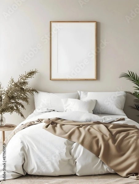 Fototapeta Minimalist Bedroom with Solitary Artwork Frame Mockup,Clean and Modern 3D Rendering