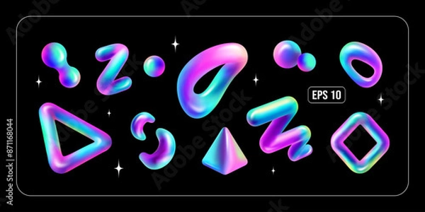 Fototapeta Set of 3D holographic fluid shapes. Isolated vector illustrations.