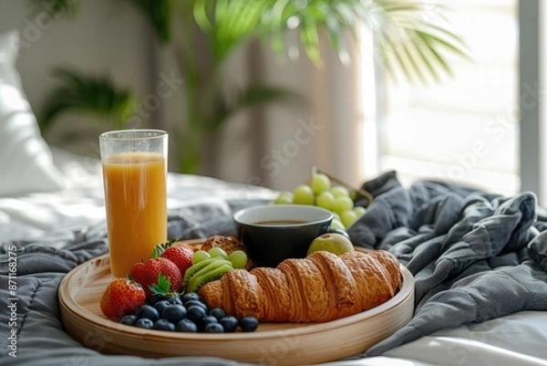 Fototapeta In the bedroom, a breakfast tray on the bed with croissants, cappuccino, orange juice and berries representing a romantic setting for breakfast.