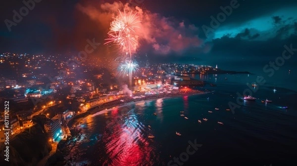 Fototapeta A drone's-eye view capturing the entire coastline illuminated by a seaside fireworks show