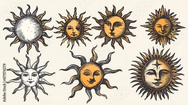 Obraz This image features an array of intricately detailed sun sketches, each displaying different facial expressions and unique artistic styles, emphasizing diversity and creativity.