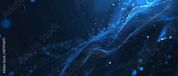 Fototapeta A dynamic abstract image featuring a flowing blue digital wave and scattered particle lights, evoking a sense of futuristic technology and energy.
