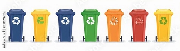Fototapeta Row of colorful recycling bins in blue, green, yellow, and red, each marked with a different recycling symbol.