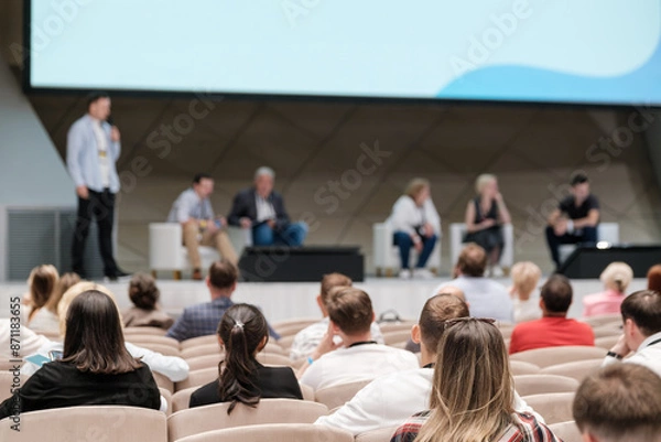 Obraz Tech conference featuring speakers on stage discussing various topics while the audience listens attentively. Modern venue with professional atmosphere.