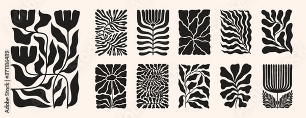 Fototapeta A retro 70s-inspired vector poster featuring a groovy floral pattern with Matisse-style leaf shapes and doodles, blending modern and organic elements.