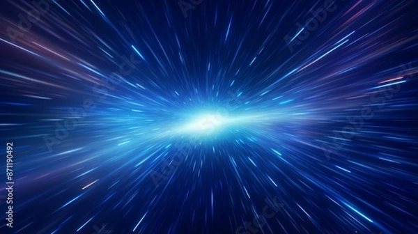 Fototapeta A dynamic, vivid depiction of traveling through space at high speed, illustrated with streaks of light and a bright central glow, representing the thrill of space exploration.