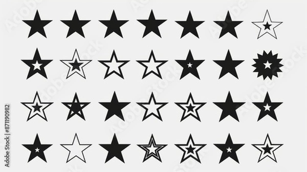 Obraz An extensive collection of black and white star icons designed with diverse patterns and styles, suitable for a wide range of creative projects including graphic design and branding.